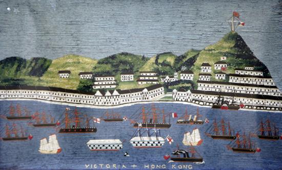 A Victorian woolwork picture of Victoria City, Hong Kong, overall 27.75 x 18.5in.